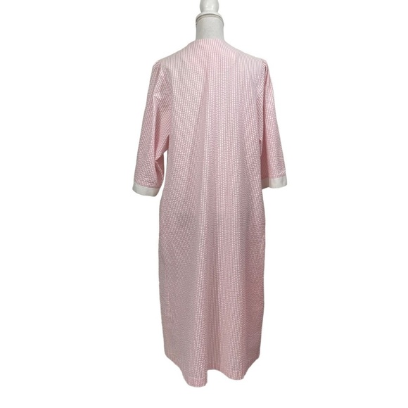 Stan Herman Striped Cotton Seersucker Robe Pink White Embroidered Flowers - Picture 4 of 8